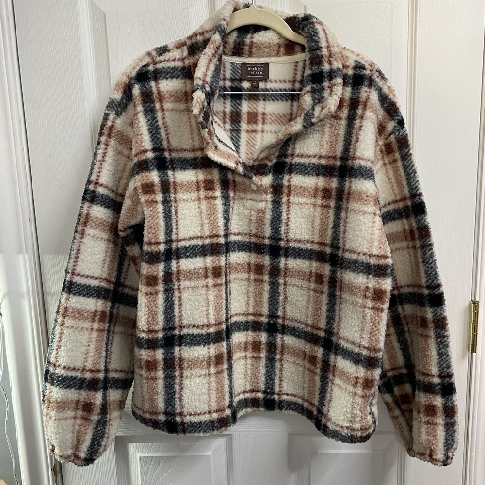 Women "Berkely Jensen" Fleece multicolor pattern Pull Over Sz.S Warm Button Neck